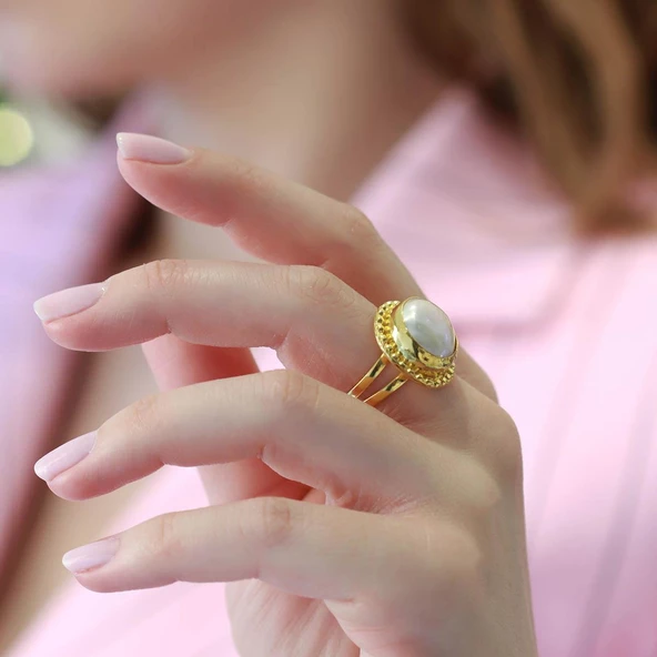 Başak Model Barok Inci Gold Kaplama Gümüş Yüzük ürün görseli 1