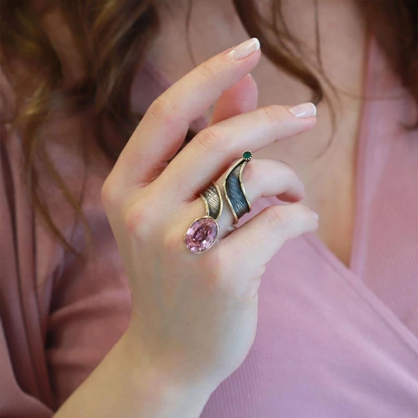 Pembe Kuvars Taşlı Otantik Gümüş Yüzük ürün görseli 1