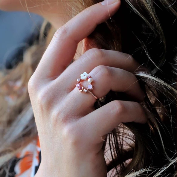 İnci ve Çiçek Motifli RoseGold Kaplama 925 Ayar Gümüş Yüzük ürün görseli 1