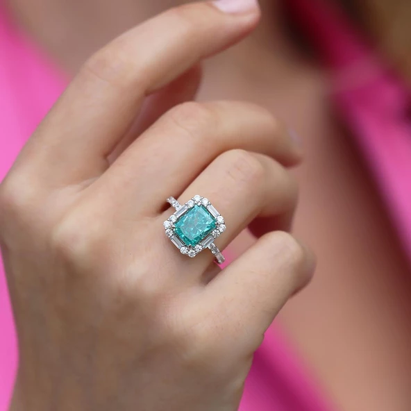 Paraiba Taşlı Baget Vintage Gümüş Yüzük