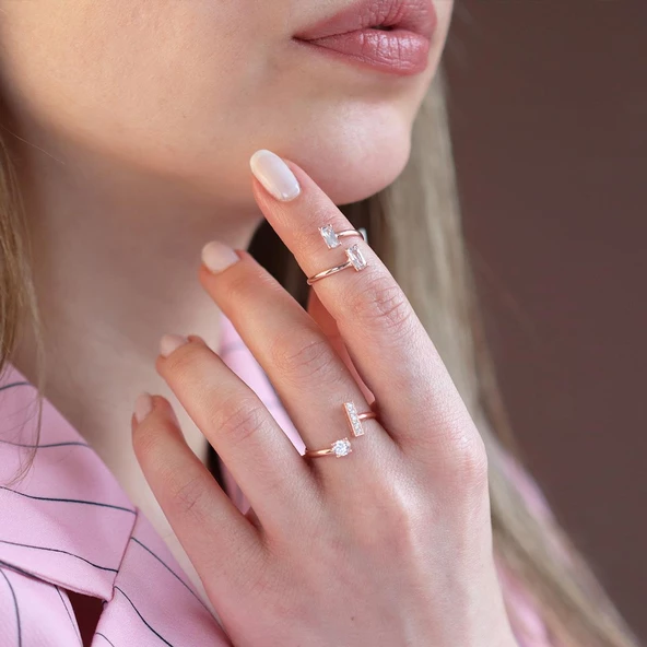 Zirkon Taşlı Rose Gold Kaplama Kombin Gümüş Yüzük ürün görseli 1