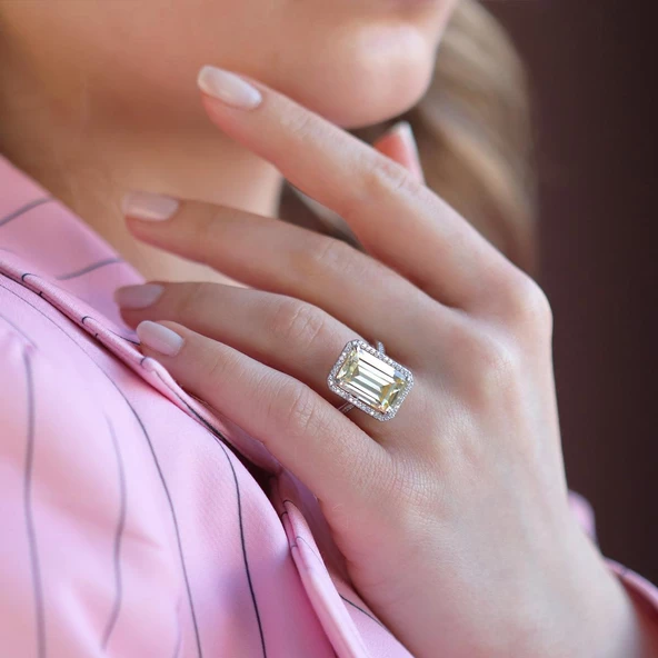 Sitrin Taşlı Zümrüt Kesim Gümüş Yüzük - Resim 5