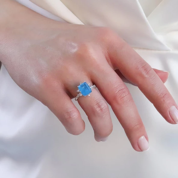 Mavi Paraiba Taşlı Kare Lotus Çiçeği Gümüş Yüzük - Resim 3