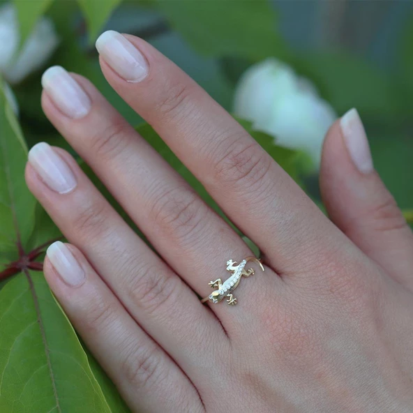 Zirkon Taşlı Gold Kaplama Timsah  Gümüş Yüzük - Resim 3