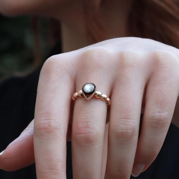 Elmas Montür Damla Model Gold Kaplama Gümüş Yüzük - Resim 4