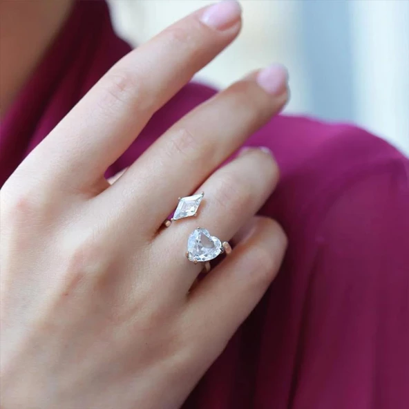 Kalp Karo Rose Gold Kaplama Ayarlanabilir Gümüş Yüzük ürün görseli 1
