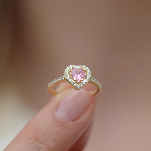Kalp Pndr Model Pembe Zirkon Taşlı Gold Gümüş Yüzük - Resim 3