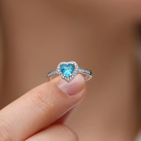 Kalp Pndr Model Aquamarin Taşlı Gümüş Yüzük - Resim 3