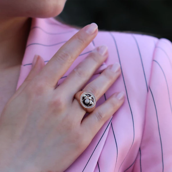 Zirkon Taşlı Arı Figürlü Rose Gold Kaplama Gümüş Yüzük - Resim 4