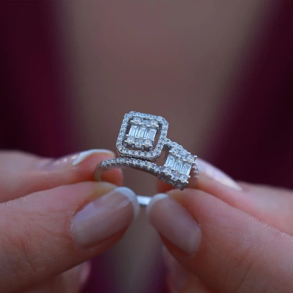 Floral Vine Halo Baget Kesim Sky Diamond Gümüş Yüzük - Resim 3