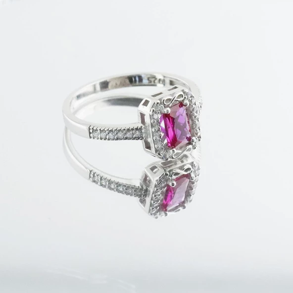 Mini Sonsuzluk Detaylı Kırmızı Zirkon Taşlı Gümüş Yüzük - Resim 4