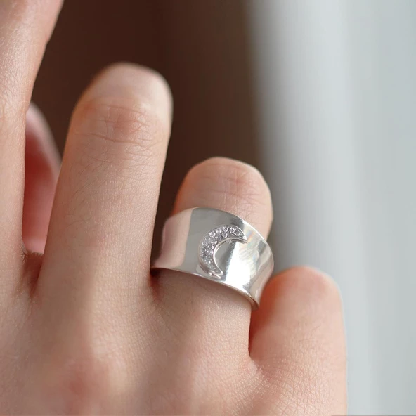 Zirkon Taşlı Moon İkon Gümüş Yüzük - Resim 4