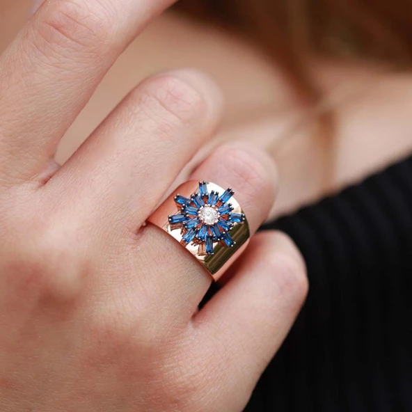 Mavi Kutup Yıldızı Zirkon Taşlı Rose Gold Kaplama Ayarlanabilir Gümüş Yüzük ürün görseli 1