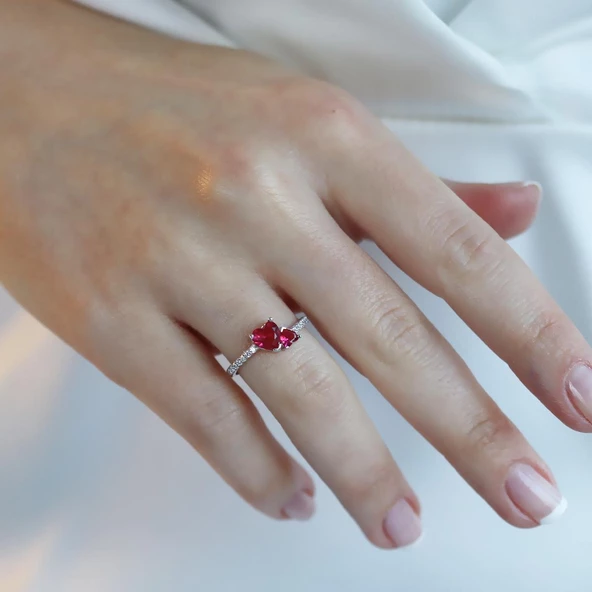 Pndr İki Kalp Kırmızı Zirkon Taşlı Gümüş Yüzük - Resim 2