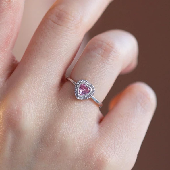 Kalp Pndr Pembe Taşlı 925 Ayar Gümüş Yüzük - Resim 3