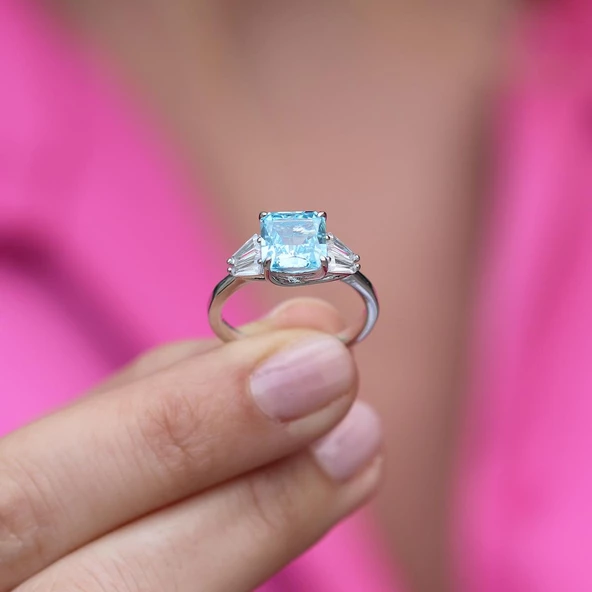 Prenses Kesim Aquamarine Taşlı Gümüş Yüzük - Resim 5