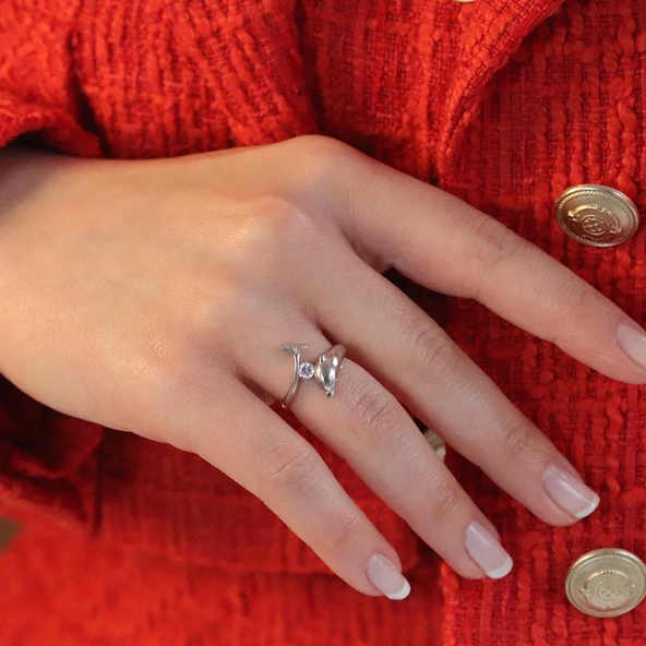 Taşlı Yunus Balığı Figürlü Şık Gümüş Yüzük - Resim 3