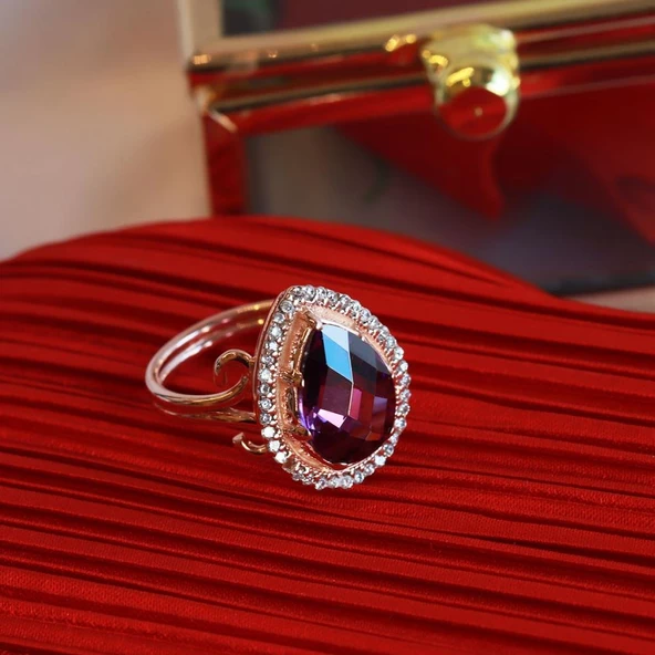 Ametis Taşlı Damla Prenses Model Rose Gold Kaplama Gümüş Yüzük