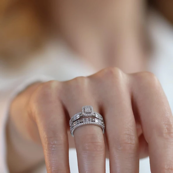 Baget Taşlı Çift Gümüş Yüzük - Resim 2