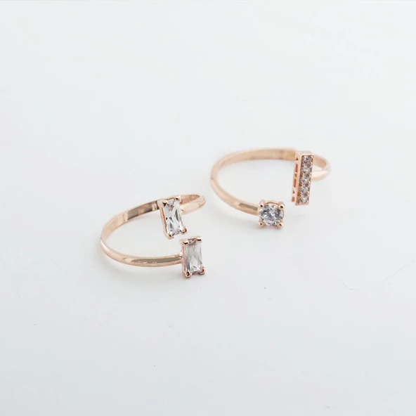 Zirkon Taşlı Rose Gold Kaplama Kombin Gümüş Yüzük - Resim 3