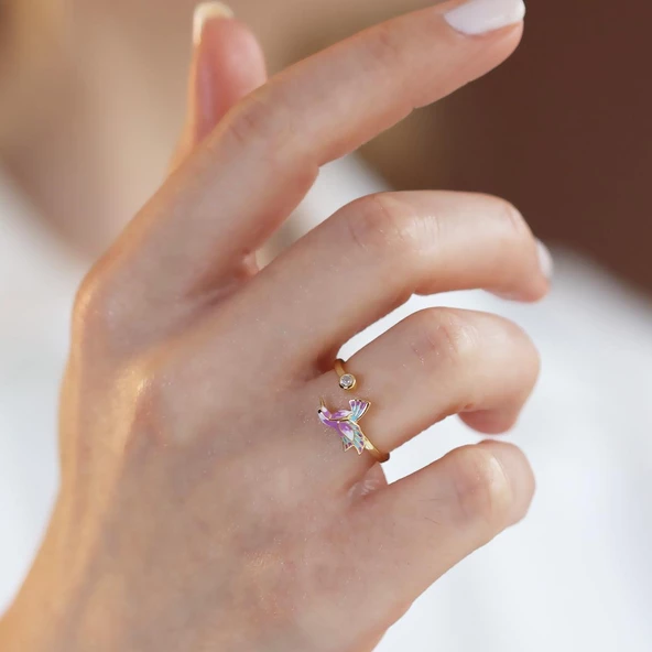 Totem Kuşu Renkli Mine İşli Gold Kaplama Gümüş Yüzük - Resim 5