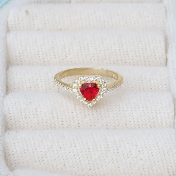 Kalp Pndr Model Kırmızı Zirkon Taşlı Gold Gümüş Yüzük - Resim 3