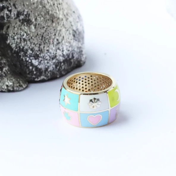 Wonderland Map Çift Taraflı Renkli Mine İşli Gümüş Yüzük - Resim 2