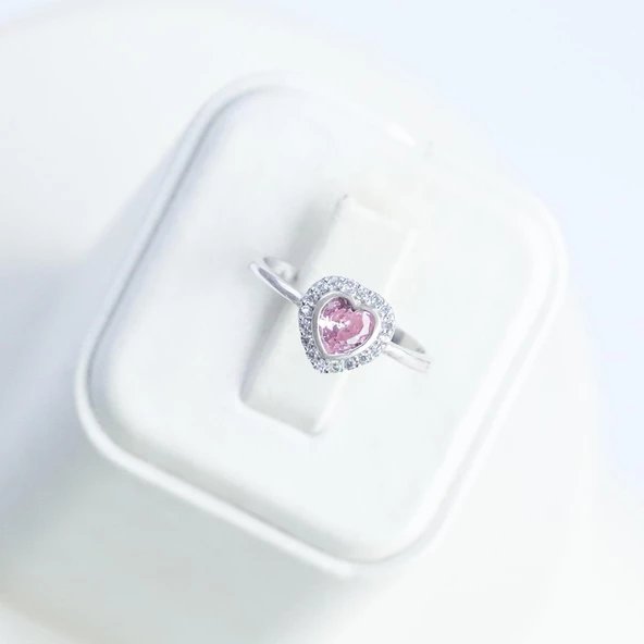 Kalp Pndr Pembe Taşlı 925 Ayar Gümüş Yüzük - Resim 5