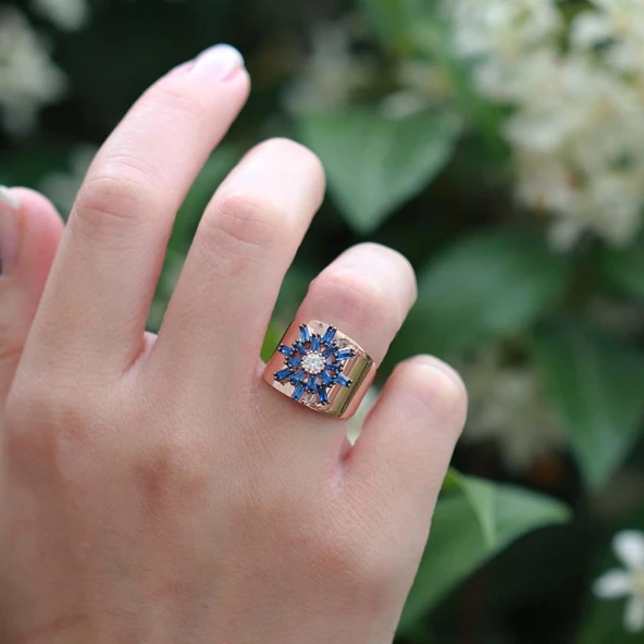 Mavi Kutup Yıldızı Zirkon Taşlı Rose Gold Kaplama Ayarlanabilir Gümüş Yüzük - Resim 3