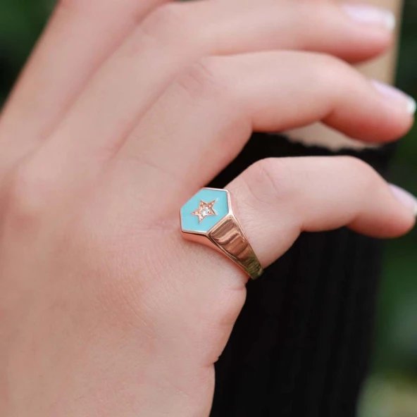 Yıldız Modeli Mavi Mine İşli Rose Gold Kaplama Ayarlanabilir Gümüş Yüzük - Resim 2