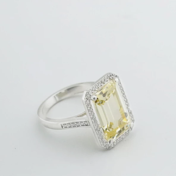 Sitrin Taşlı Zümrüt Kesim Gümüş Yüzük - Resim 3