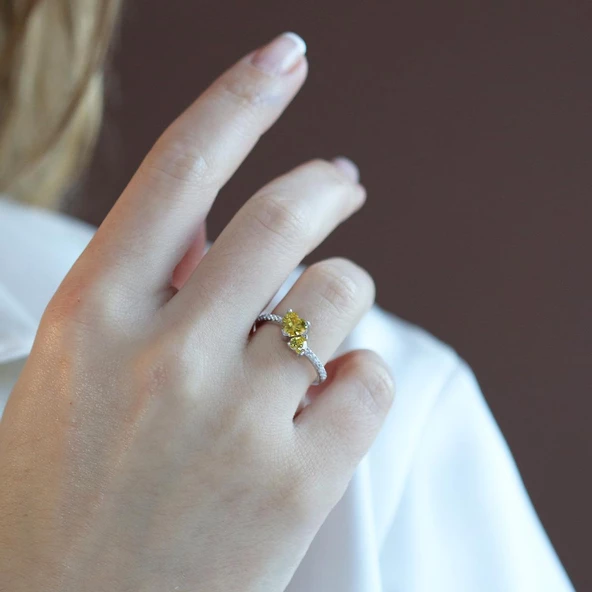 Pndr İki Kalp Sitrin Taşlı Gümüş Yüzük - Resim 4