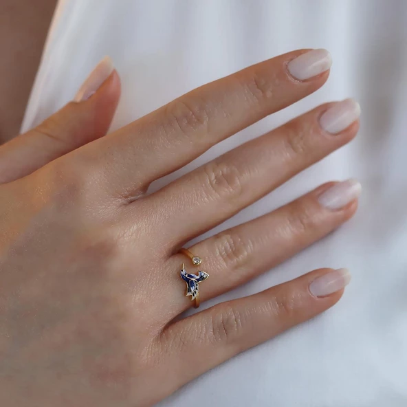 Totem Kuşu Lacivert Mine İşli Gold Kaplama Gümüş Yüzük - Resim 3