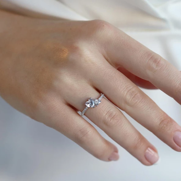 Pndr İki Kalp Zirkon Taşlı Gümüş Yüzük - Resim 2