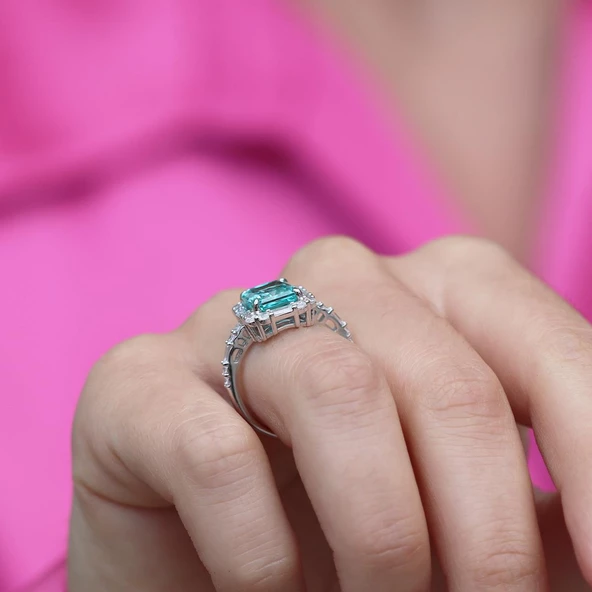 Paraiba Taşlı Baget Vintage Gümüş Yüzük - Resim 2