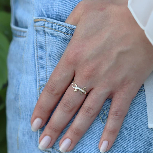 Zirkon Taşlı Gold Kaplama Timsah  Gümüş Yüzük - Resim 4