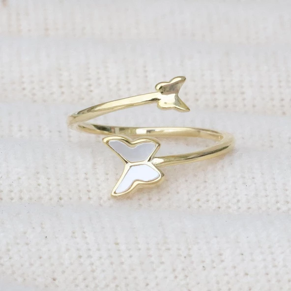 Sedefli Kelebek Gold Kaplama Minimal Yüzük - Resim 4