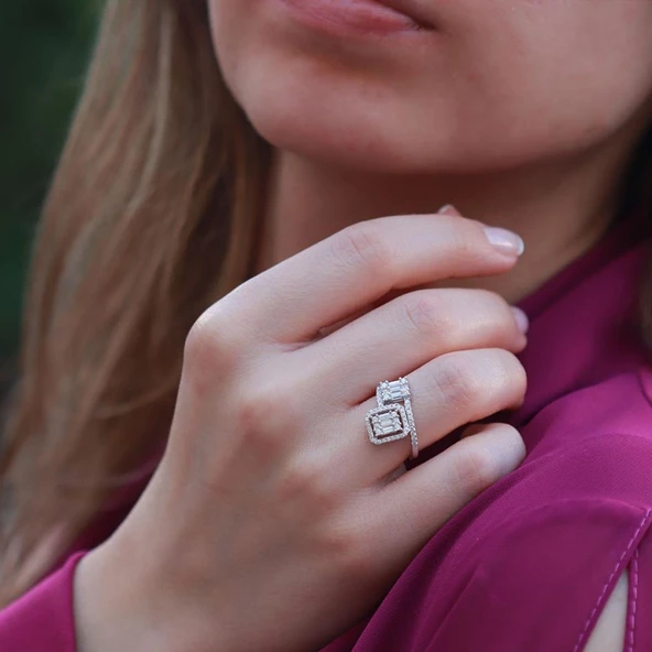 Floral Vine Halo Baget Kesim Sky Diamond Gümüş Yüzük ürün görseli 1