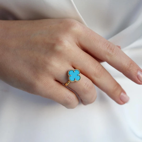 Alhambra Model Mavi Mine Taşlı Gold Kaplama Gümüş Yüzük - Resim 2