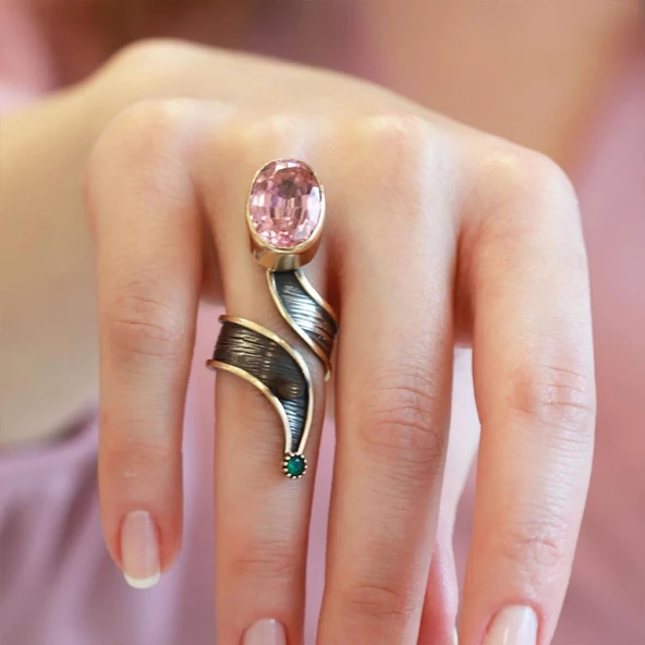 Pembe Kuvars Taşlı Otantik Gümüş Yüzük - Resim 2