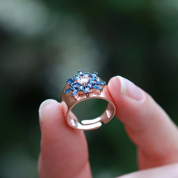 Mavi Kutup Yıldızı Zirkon Taşlı Rose Gold Kaplama Ayarlanabilir Gümüş Yüzük - Resim 2