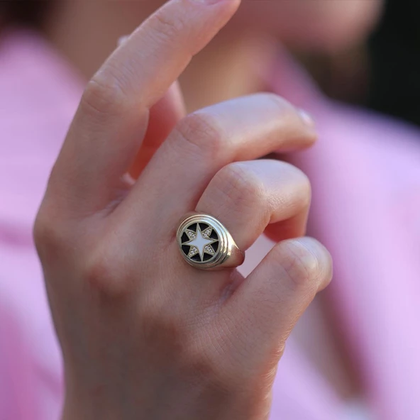 Zirkon Taşlı Mine İşli Kutup Yıldızı Ayarlanabilir Gümüş Yüzük - Resim 3