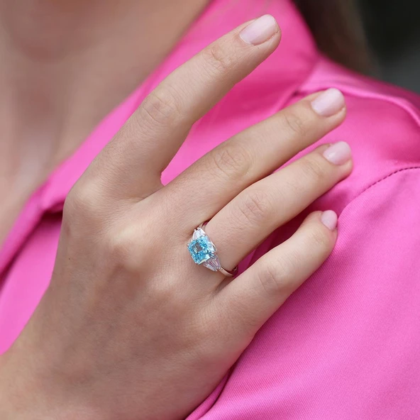 Prenses Kesim Aquamarine Taşlı Gümüş Yüzük - Resim 2