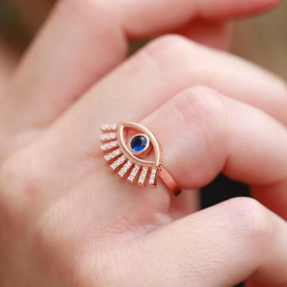 Mavi Göz Zirkon Taşlı Ayarlanabilir Rose Gold Kaplama Gümüş Yüzük ürün görseli 1
