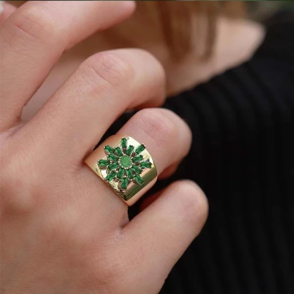 Yeşil Kutup Yıldızı Zirkon Taşlı Gold Kaplama Ayarlanabilir Gümüş Yüzük ürün görseli 1