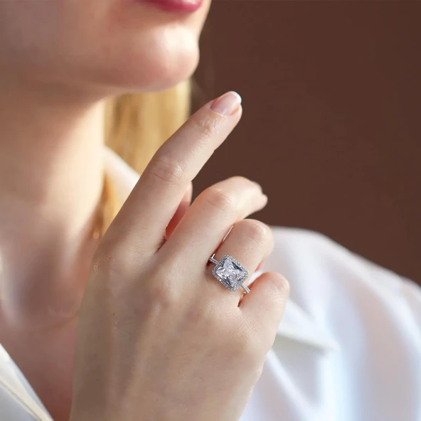 Baget Kesim Zirkon Taş Gümüş Yüzük - Resim 3