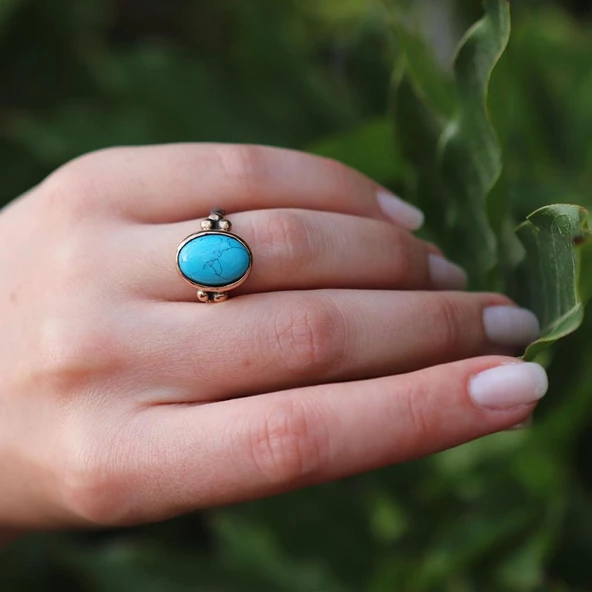 Turkuaz Taşlı Otantik El İşi Gümüş Yüzük - Resim 2