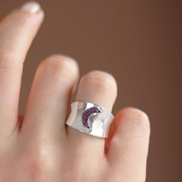 Pembe Zirkon Taşlı Moon İkon Gümüş Yüzük - Resim 4