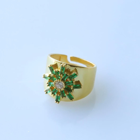 Yeşil Kutup Yıldızı Zirkon Taşlı Gold Kaplama Ayarlanabilir Gümüş Yüzük - Resim 3