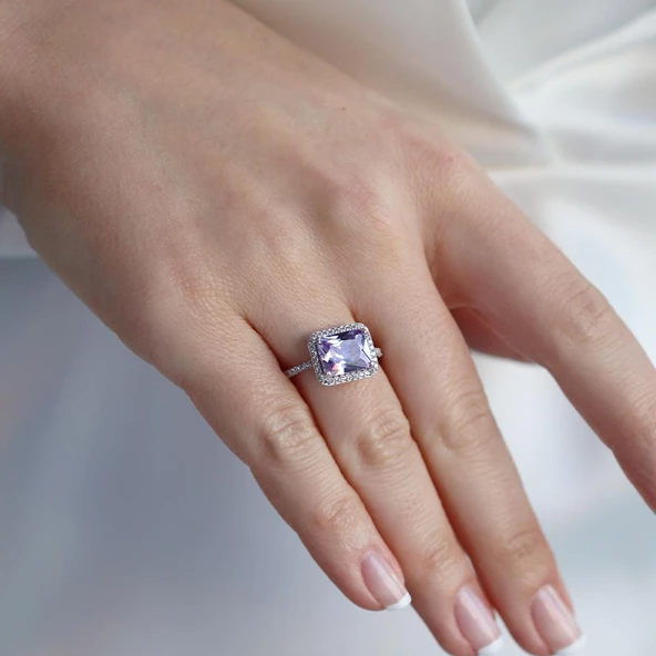 Baget Kesim Ametist Taş Gümüş Yüzük - Resim 3